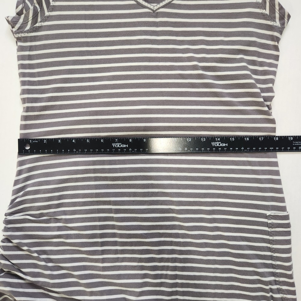 Toad&Co Muse Midi Large Striped V-Neck Cinched Ruched Side Knit Dress Grey White - Picture 7 of 10